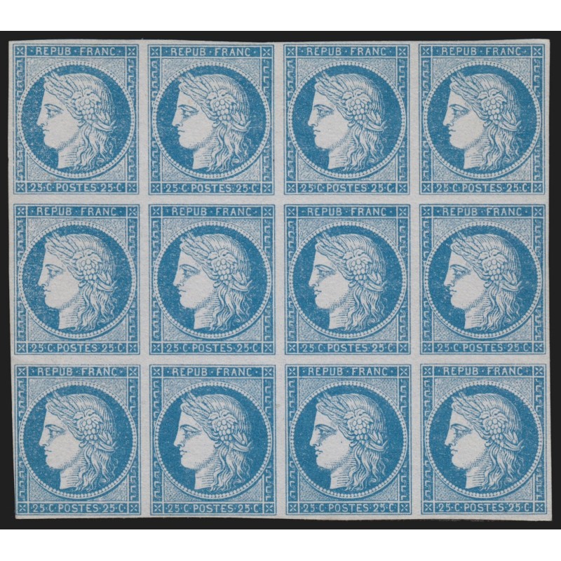 n°4, bloc de douze, Cérès 1849, 25c bleu, essai, neuf (*) sans gomme - TB
