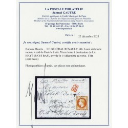 Ballon monté "Le Général Renault" destination LA HAYE Pays-Bas - Certificat