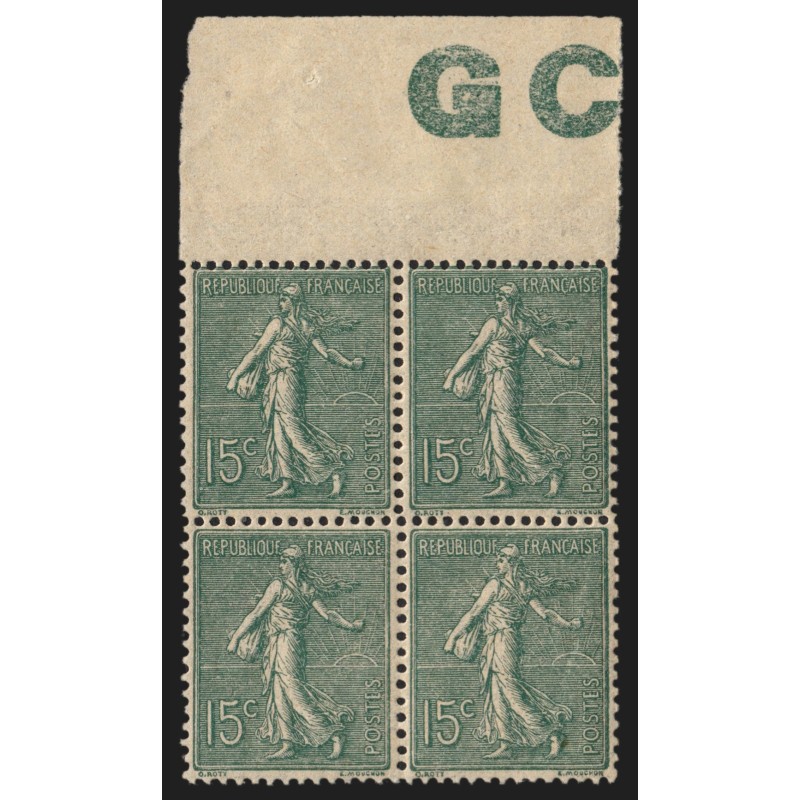 n°130j, bloc de quatre avec manchette GC, Semeuse lignée 15c vert-gris, neuf **