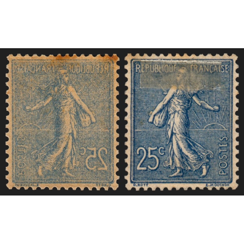 n°132, variété "impression recto-verso", Semeuse lignée 25c bleu, rousseurs