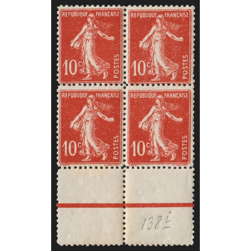 n°138n, FAUX DE TURIN bloc de quatre, Semeuse 10c rouge, neuf ** sans charnière