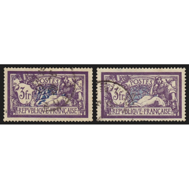 n°206c, variété "centre déplacé" + normal, Merson 3fr violet, oblitéré - TB