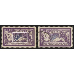 n°206c, variété "centre déplacé" + normal, Merson 3fr violet, oblitéré - TB