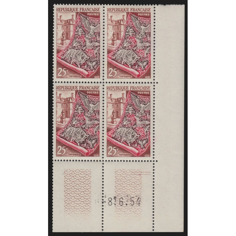 n°970, bloc de quatre coin daté 1954, 25fr Tapisserie Gobelins, neuf ** - TB