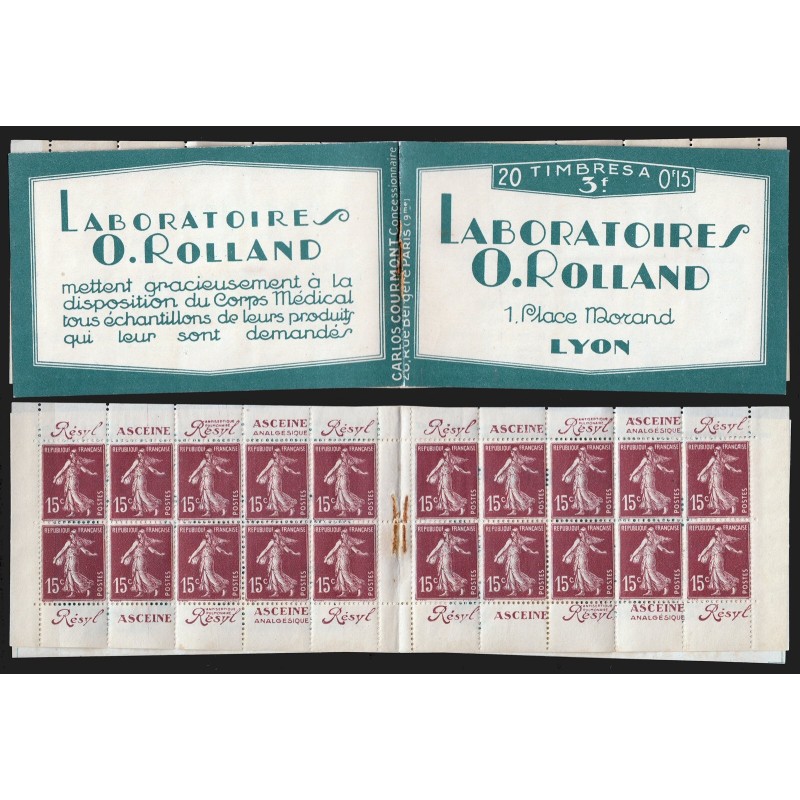 n°189-C2, Carnet Laboratoires O.Rolland, Semeuse 15c brun-lilas, neuf ** - TB