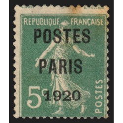 Préoblitérés n°24, Semeuse 5c vert, POSTES PARIS 1920, neuf (*) signé CALVES