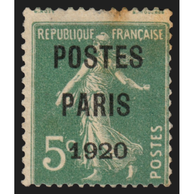 Préoblitérés n°24, Semeuse 5c vert, POSTES PARIS 1920, neuf (*) signé CALVES