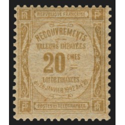 Timbres-Taxe n°45a, 20c bistre sur papier GC, 1908, neuf ** sans charnière - TB