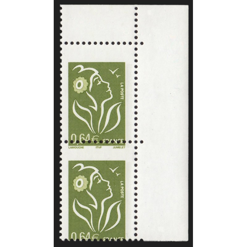 n°3756, variété piquage à cheval, Marianne Lamouche 0,64€ vert-olive, neuf **