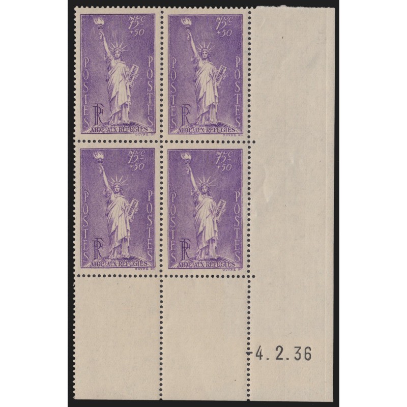 n°309, bloc de quatre coin daté 1936, Statue de la Liberté Bartholdi, neuf **