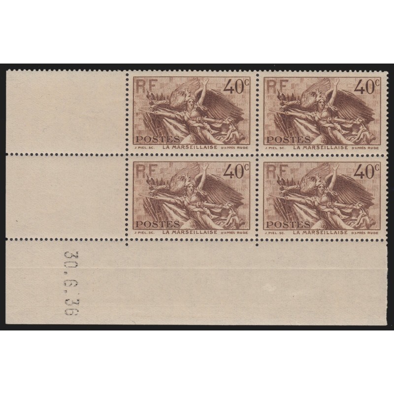 n°315, bloc de quatre coin daté 1936, Marseillaise de Rude, neuf ** - TB