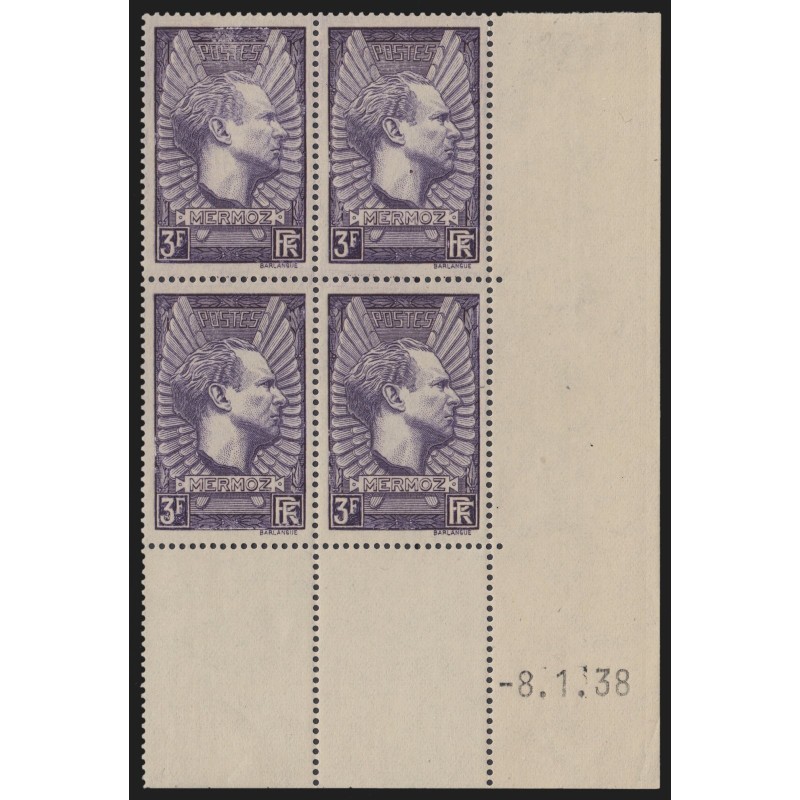 n°338, bloc de quatre coin daté 1938, Jean Mermoz, neuf **/* - TB