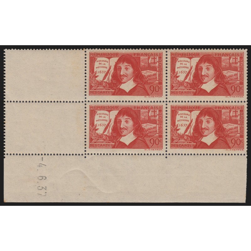 n°342, bloc de quatre coin daté 1937, René Descartes, neuf ** sans charnière TB