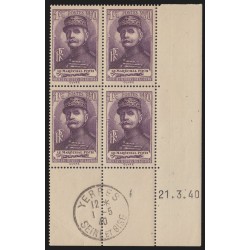 n°455, bloc de quatre coin daté 1940, Maréchal Foch, neuf ** + 1er jour - TB