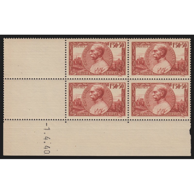 n°456, bloc de quatre coin daté 1940, Joseph-Simon Galliéni, neuf ** - TB