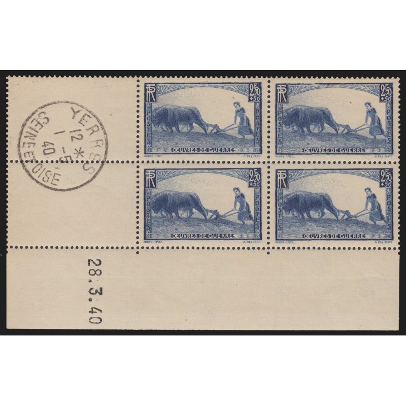 n°457, bloc de quatre coin daté 1940, La femme au labour, neuf ** + 1er jour TB