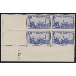n°458, bloc de quatre coin daté 1940, Exposition New-York, neuf ** - TB