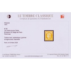 n°36, Cérès Siège de Paris, 10c bistre-jaune, neuf * légère ch. TB - CERTIFICAT
