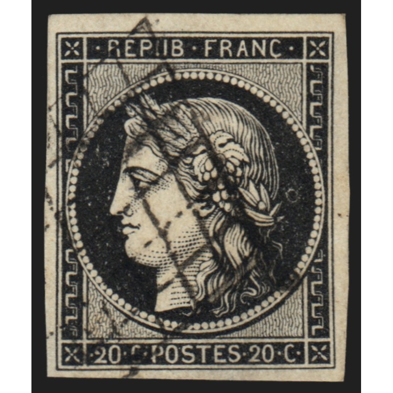 n°3a, Cérès 1849, 20c noir sur blanc, oblitéré grille - TB