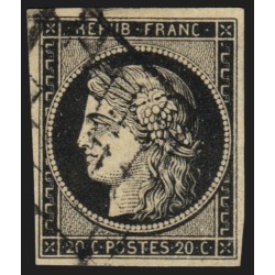 n°3, Cérès 1849, 20c noir sur jaune, oblitéré grille - TB