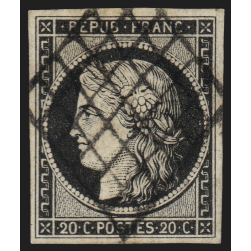 n°3a, Cérès 1849, 20c noir sur blanc, oblitéré grille noire - TB