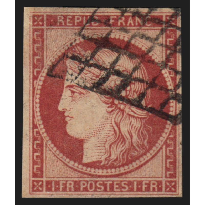 n°6, Cérès 1849, 1fr carmin, oblitéré grille noire - TB D'ASPECT