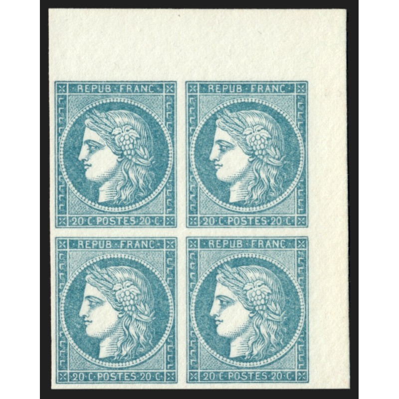 n°8, bloc de quatre, 20 bleu non-émis, réimpression Périgueux sur papier velin