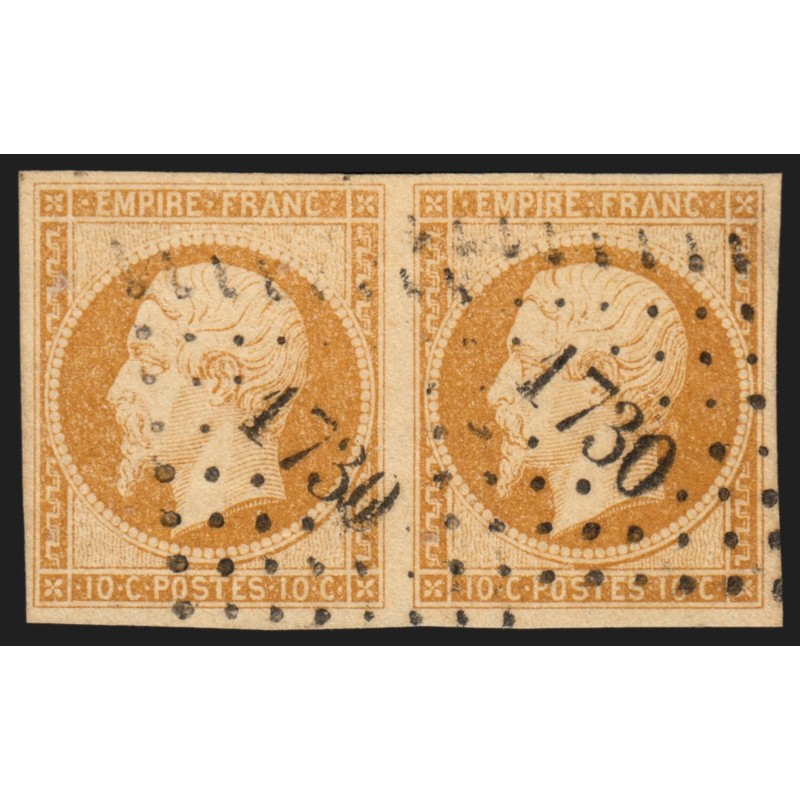 n°13A, paire, Napoléon non-dentelé, 10c bistre, oblitéré PC 1730 Limoges - TB