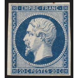 n°14A, Napoléon non-dentelé 1854, 20c bleu, Type I, neuf (*) sans gomme - TB