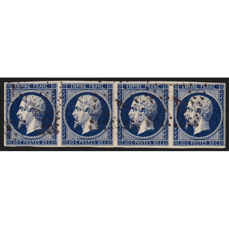 n°14Ab, bande de 4, Napoléon 20c BLEU-NOIR, Type I, oblitéré - TB