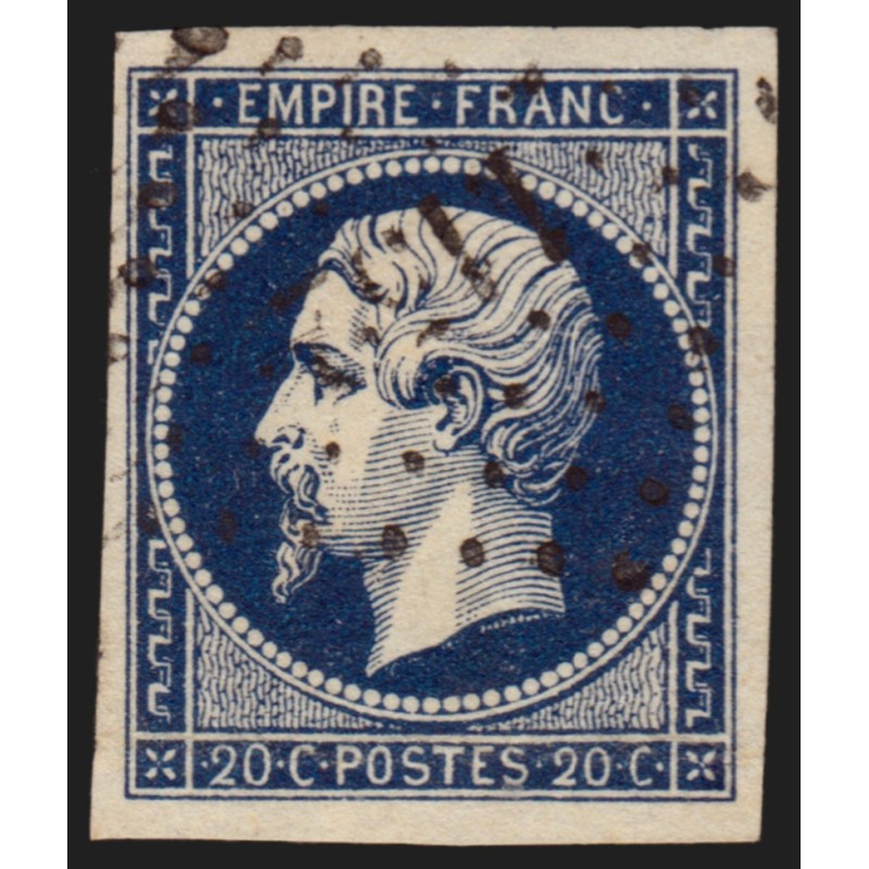 n°14Ab, Napoléon non-dentelé, 20c BLEU-NOIR, oblitéré Petits Chiffres - SUPERBE