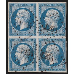 n°14Ac, bloc de quatre, 20c BLEU-SUR-AZURÉ, oblitéré PC 1264 LA FERTE-MACE