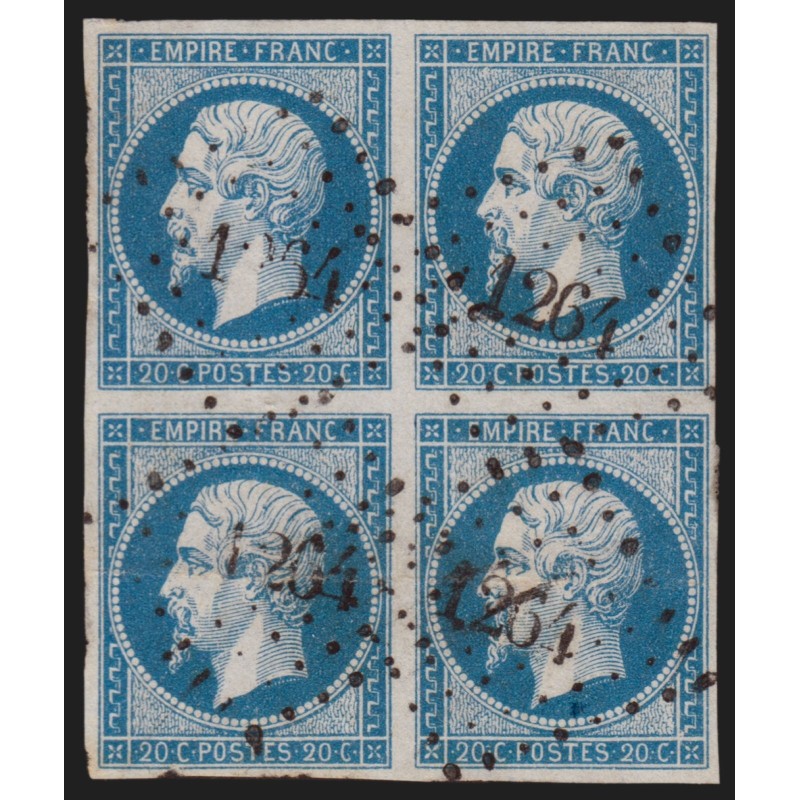 n°14Ac, bloc de quatre, 20c BLEU-SUR-AZURÉ, oblitéré PC 1264 LA FERTE-MACE