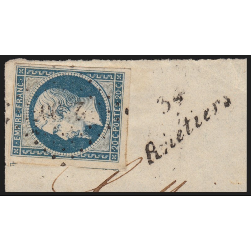 n°14Af, 20c BLEU-LAITEUX, oblitéré PC 2260 + cursive 34/Rhétiers sur fragment