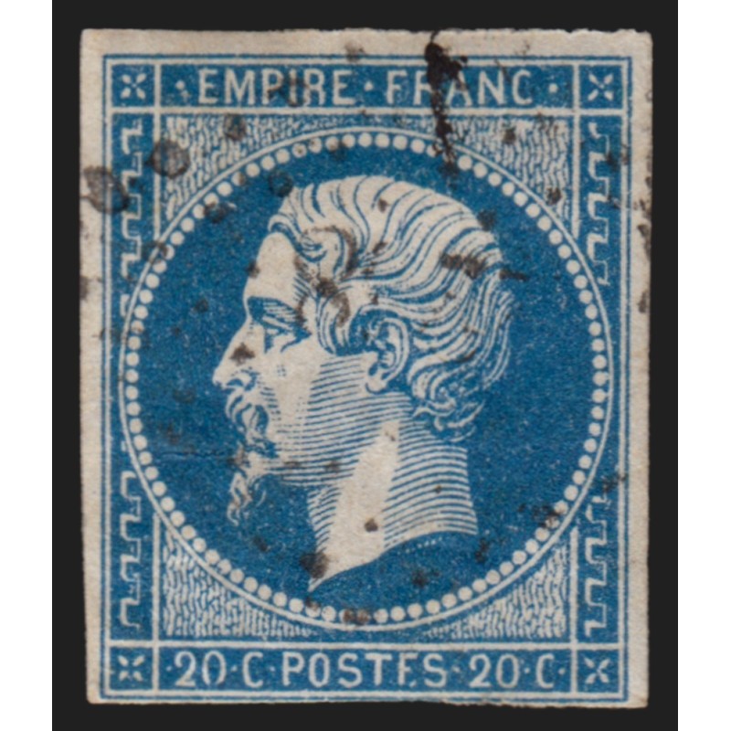 n°14Ah, variété "POSTFS", Napoléon non-dentelé 20c bleu, oblitéré - B/TB