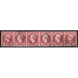 n°17B, bande de six, Napoléon non-dentelé, 80c rose, oblitéré - TB