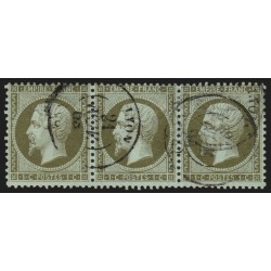 n°19a, bande de trois, Napoléon dentelé, 1c vert-bronze, oblitéré càd Lyon - TB