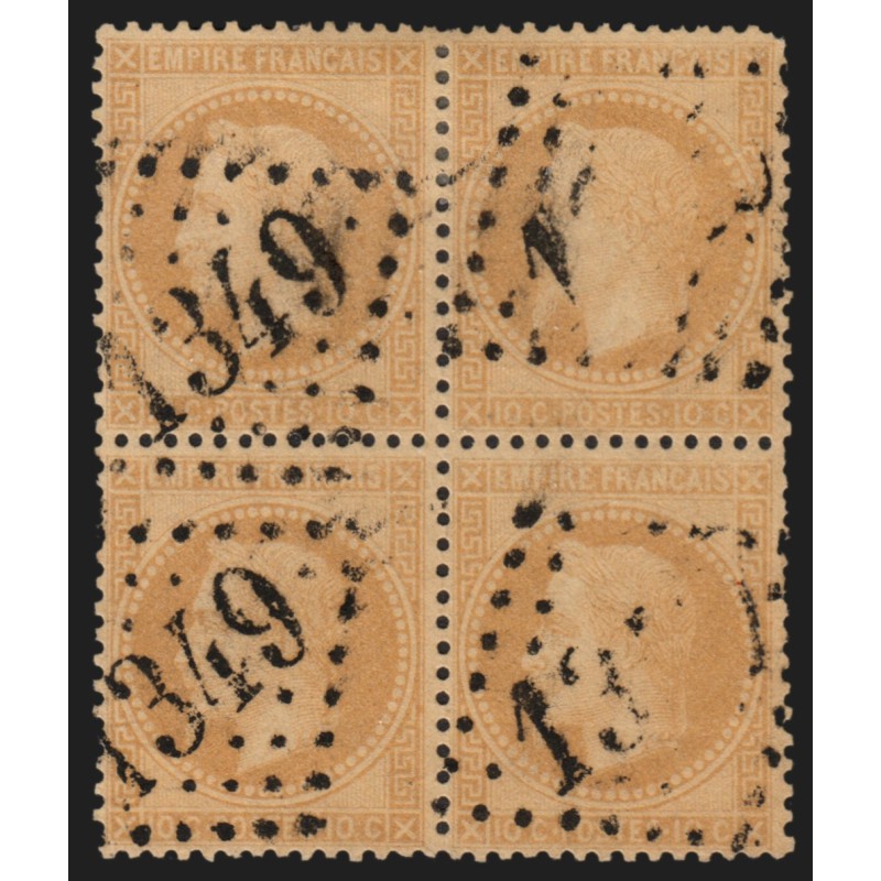 n°28B, bloc de 4, Napoléon Lauré, 10c bistre, oblitéré GC 1349 DRAGUIGNAN