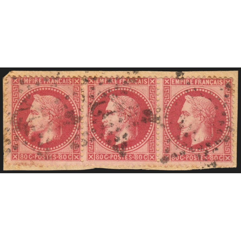 n°32, bande de 3, Napoléon Lauré 80c rose, oblitéré sur fragment - B/TB