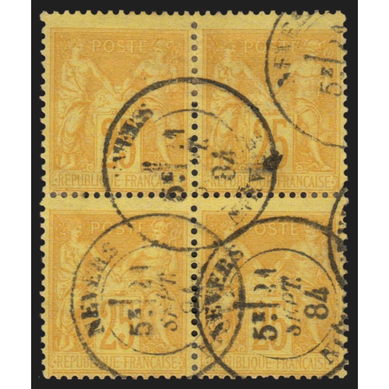 n°92, bloc de 4, Sage 25c bistre sur jaune, oblitéré càd NEVERS - TB