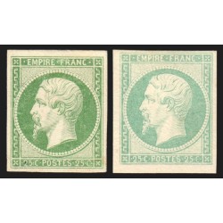 n°15, Napoléon III Empire, 25c vert + émeraude, essais sur papier-carton (*)