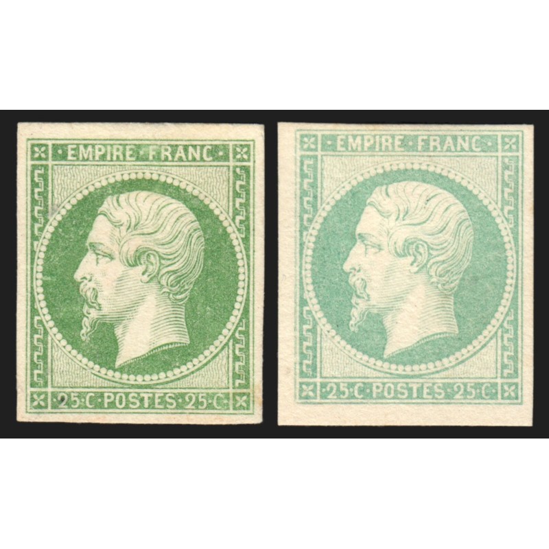 n°15, Napoléon III Empire, 25c vert + émeraude, essais sur papier-carton (*)