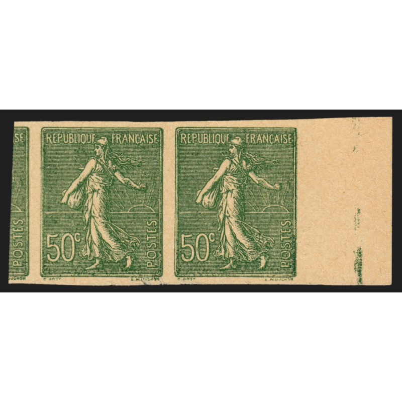 n°198c, paire non-dentelée, Semeuse lignée, 50c olive, neuf (*) sans gomme - TB