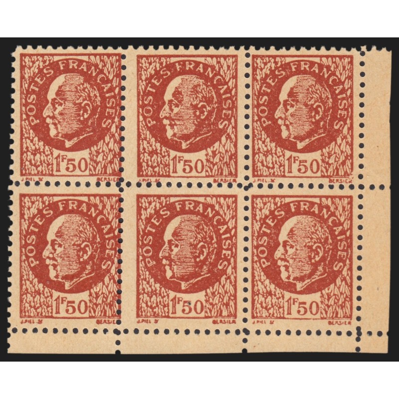 n°517d, bloc de 6 avec variété de piquage, Faux FFI, 1fr50 brun-rouge, neuf (*)