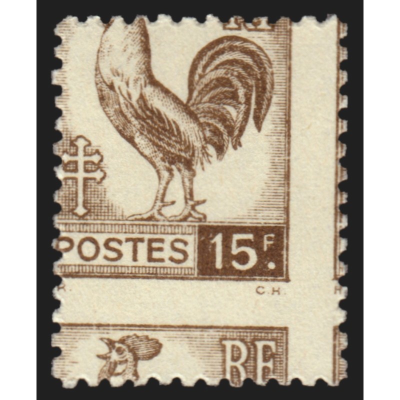 n°647, variété "piquage à cheval", Coq d'Alger 15fr sépia, neuf ** - SUPERBE