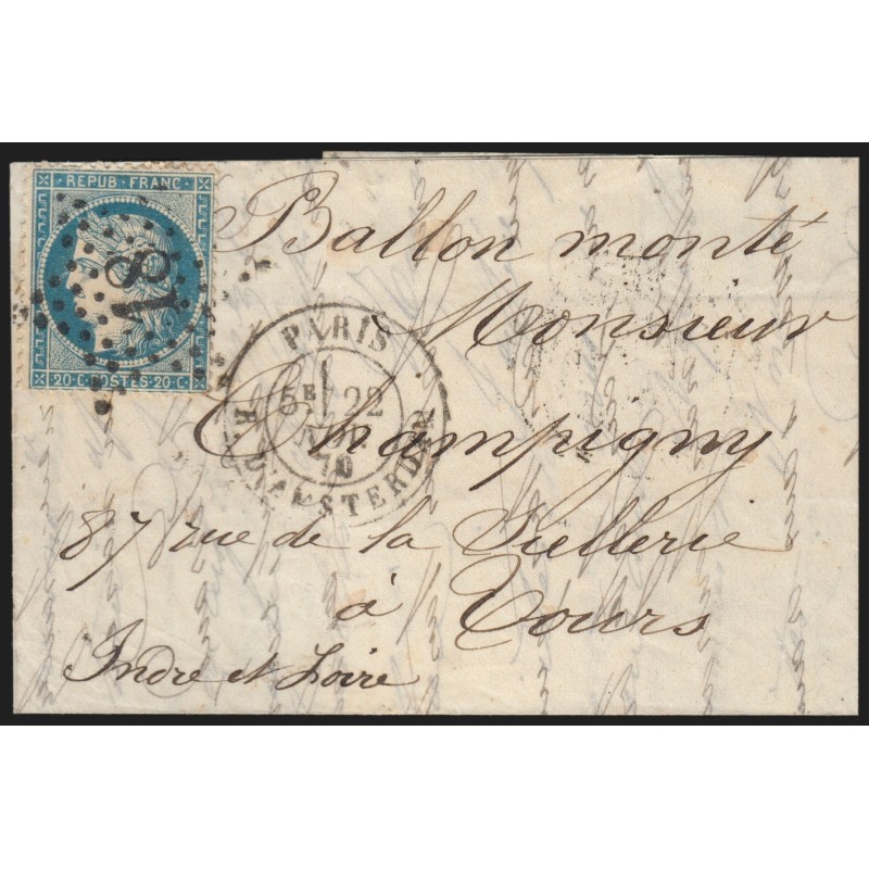 Ballon monté "La Ville d'Orléans" 22/NOV./1870 pour Tours - Certificat ROUMET