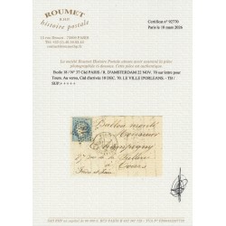 Ballon monté "La Ville d'Orléans" 22/NOV./1870 pour Tours - Certificat ROUMET