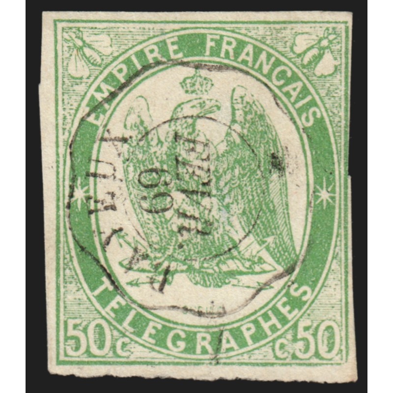 Timbres-Télégraphe n°2, Aigle impérial 50c vert, oblitéré càd BAYEUX Calvados