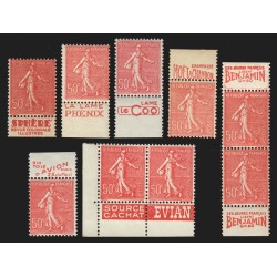 n°199, lot de 9 bandes publicitaires, Semeuse lignée 50c rouge, neufs ** - TB