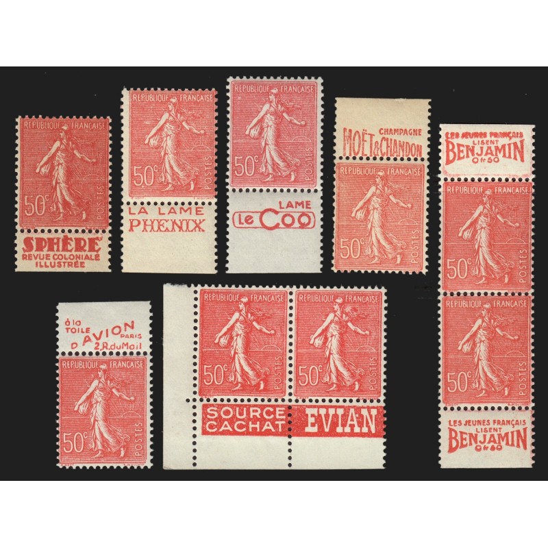 n°199, lot de 9 bandes publicitaires, Semeuse lignée 50c rouge, neufs ** - TB